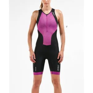 2XU Perform Front Zip Trisuit, Damen, Black/Very Berry Mesh