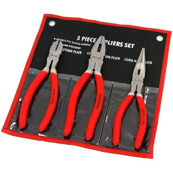 8" Pliers Set 200mm Non-slip Combination Long Nose Side Cutters & Tool Roll - 3PC