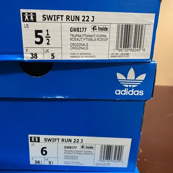 Adidas Unisex Kids Pink White Swift Run 22 J GW8177 Running Shoes Size US 5.5 6