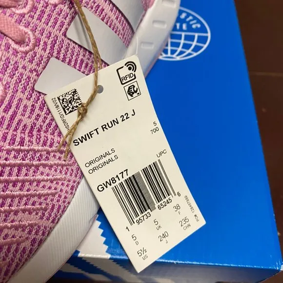 Adidas Unisex Kids Pink White Swift Run 22 J GW8177 Running Shoes Size US 5.5 6