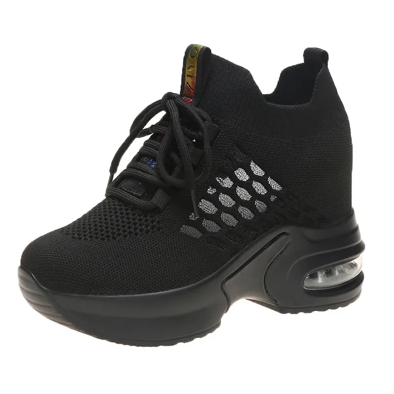 Breathable Mesh Sneakers Summer 9CM Hollow Out Sport White Shoes Woman Wedge Casual Chunky Shoes High Platform Dad Shoe Mujer