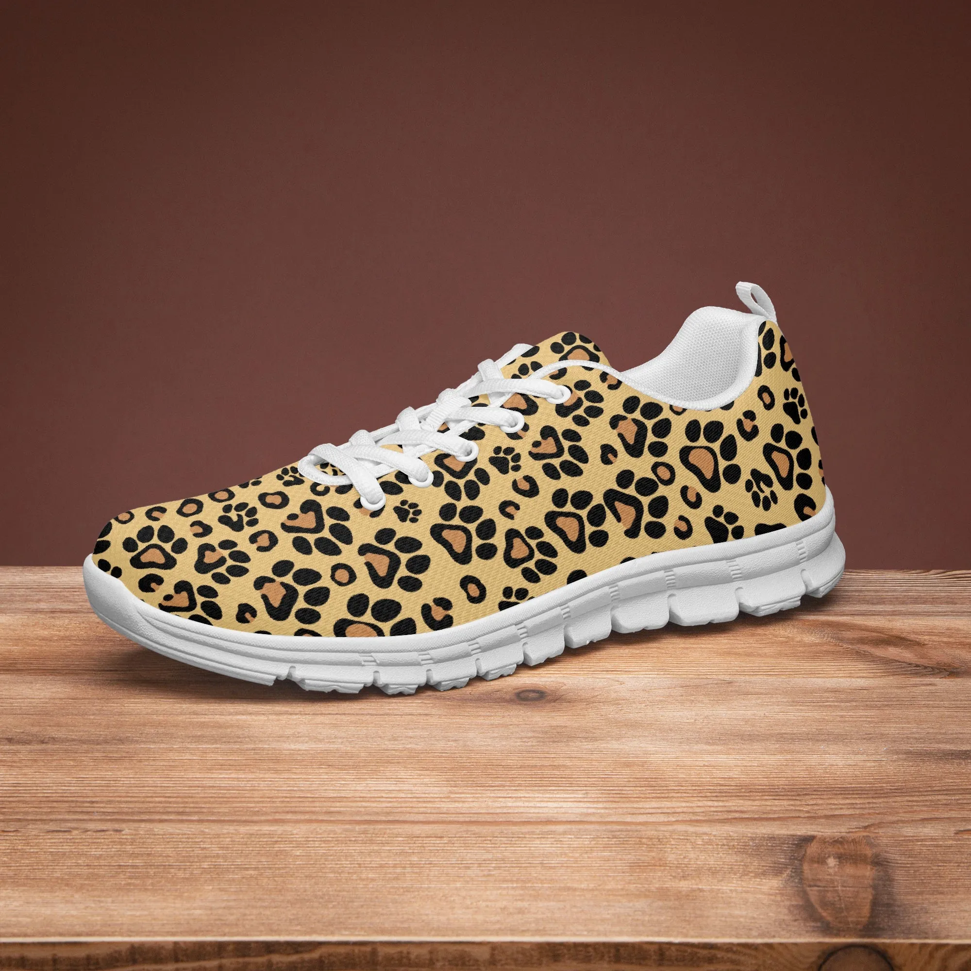 Brown Leopard Paw Print Sneakers for Men Women, Running Shoes For Dog Lovers