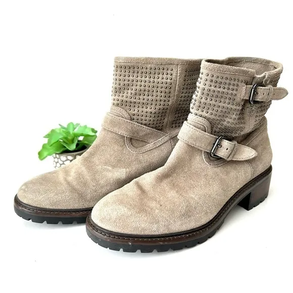 Coach Gates Taupe Gray Tan Suede Studded Moto Buckle Combat Boots Size 8.5