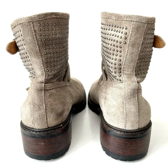 Coach Gates Taupe Gray Tan Suede Studded Moto Buckle Combat Boots Size 8.5