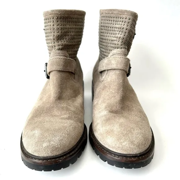 Coach Gates Taupe Gray Tan Suede Studded Moto Buckle Combat Boots Size 8.5
