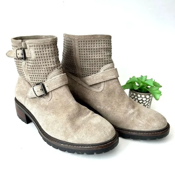 Coach Gates Taupe Gray Tan Suede Studded Moto Buckle Combat Boots Size 8.5
