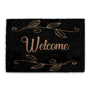 Coir Doormat - Black Floral Welcome