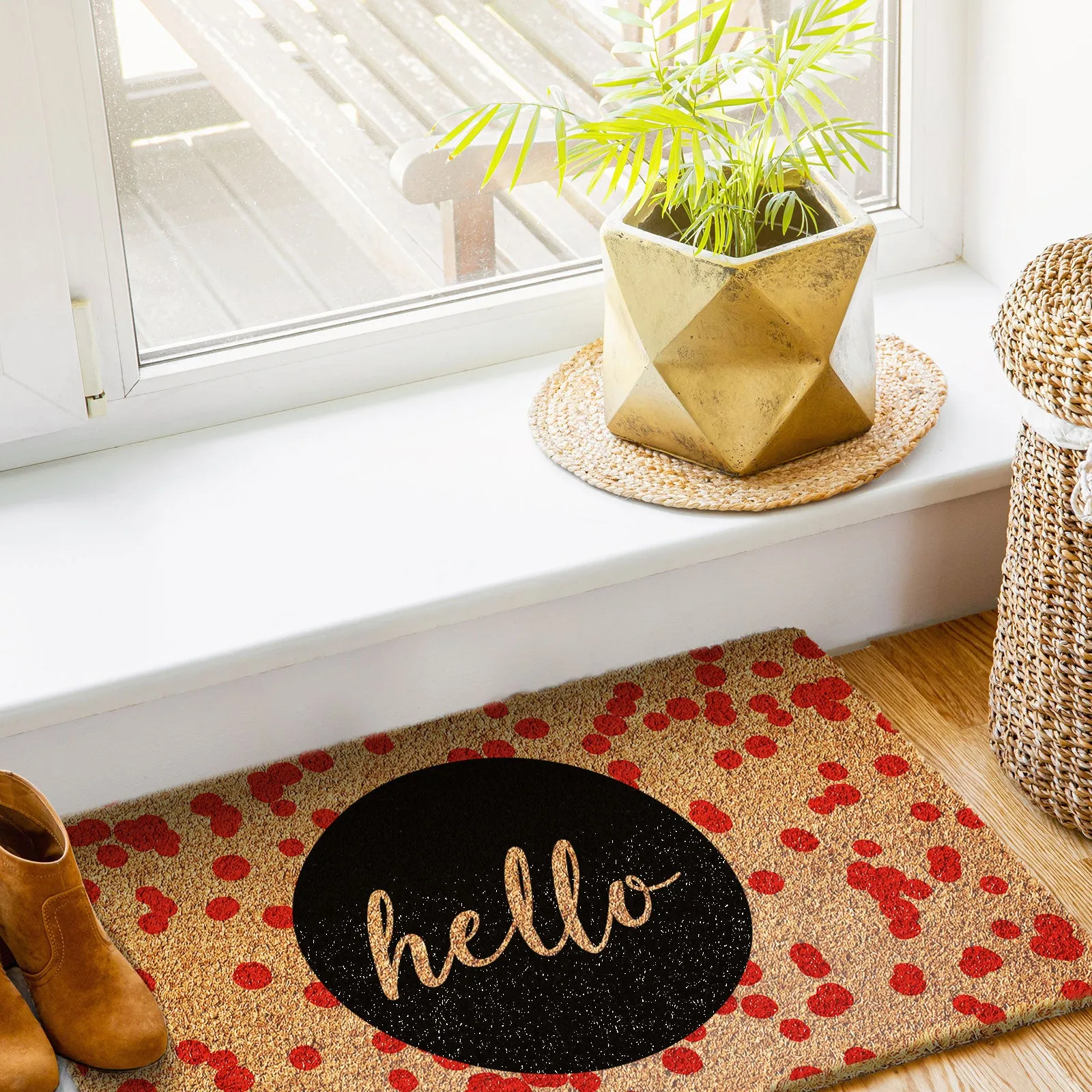 Coir Doormat - Black Floral Welcome