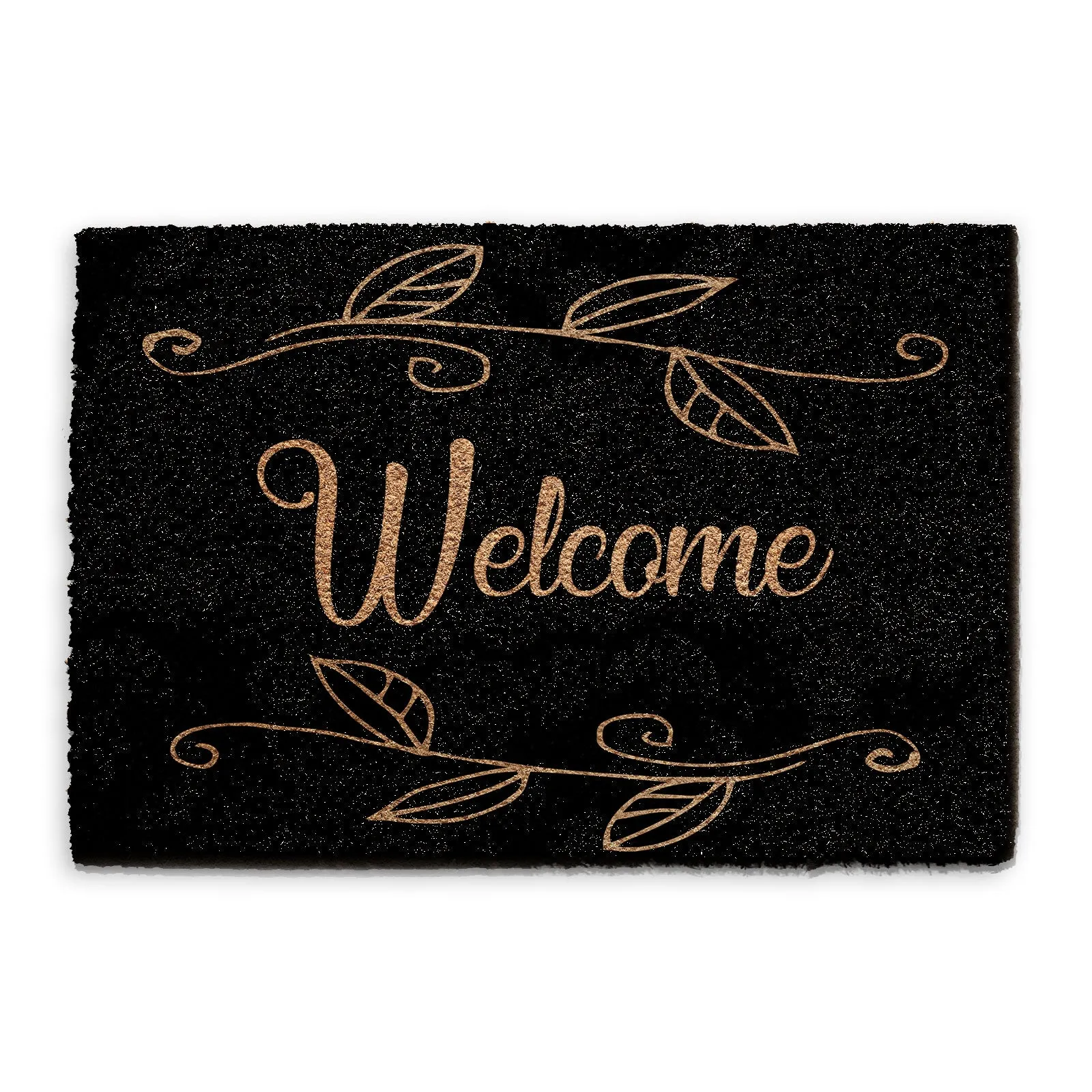 Coir Doormat - Black Floral Welcome