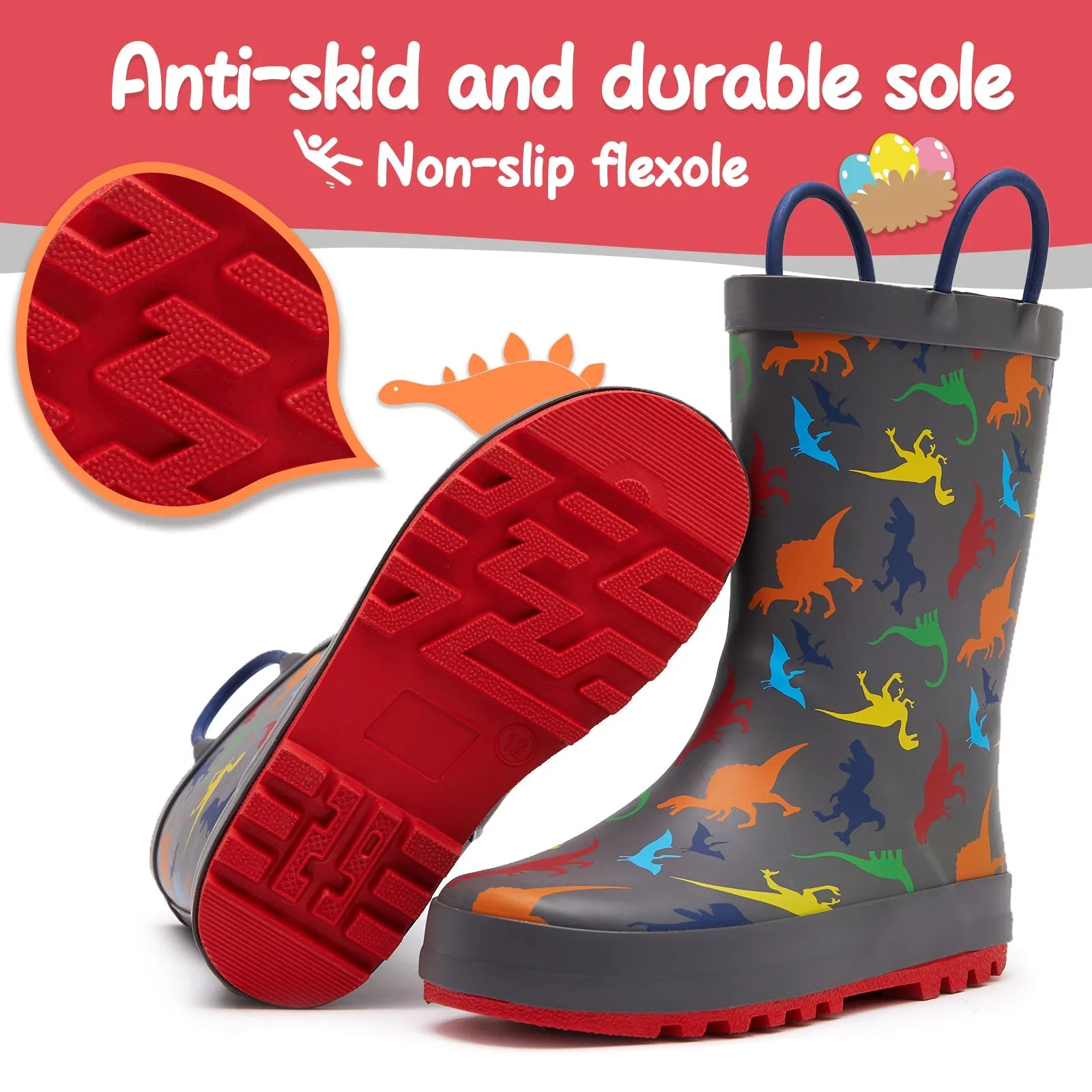 Colorful Dinosaur Print Kids Rain Boots- Gray