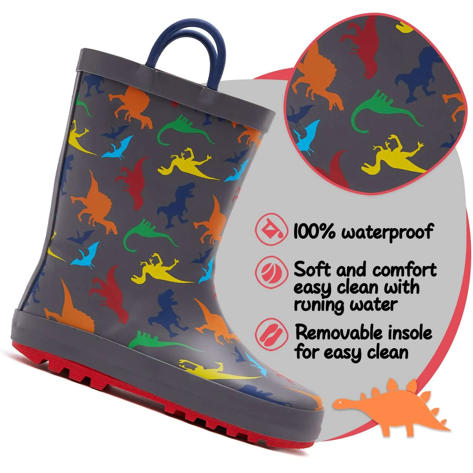 Colorful Dinosaur Print Kids Rain Boots- Gray