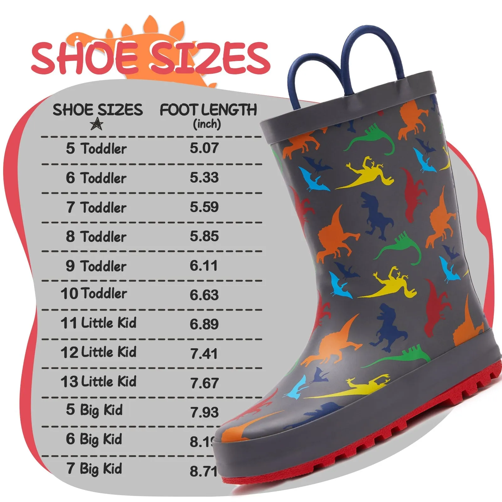 Colorful Dinosaur Print Kids Rain Boots- Gray