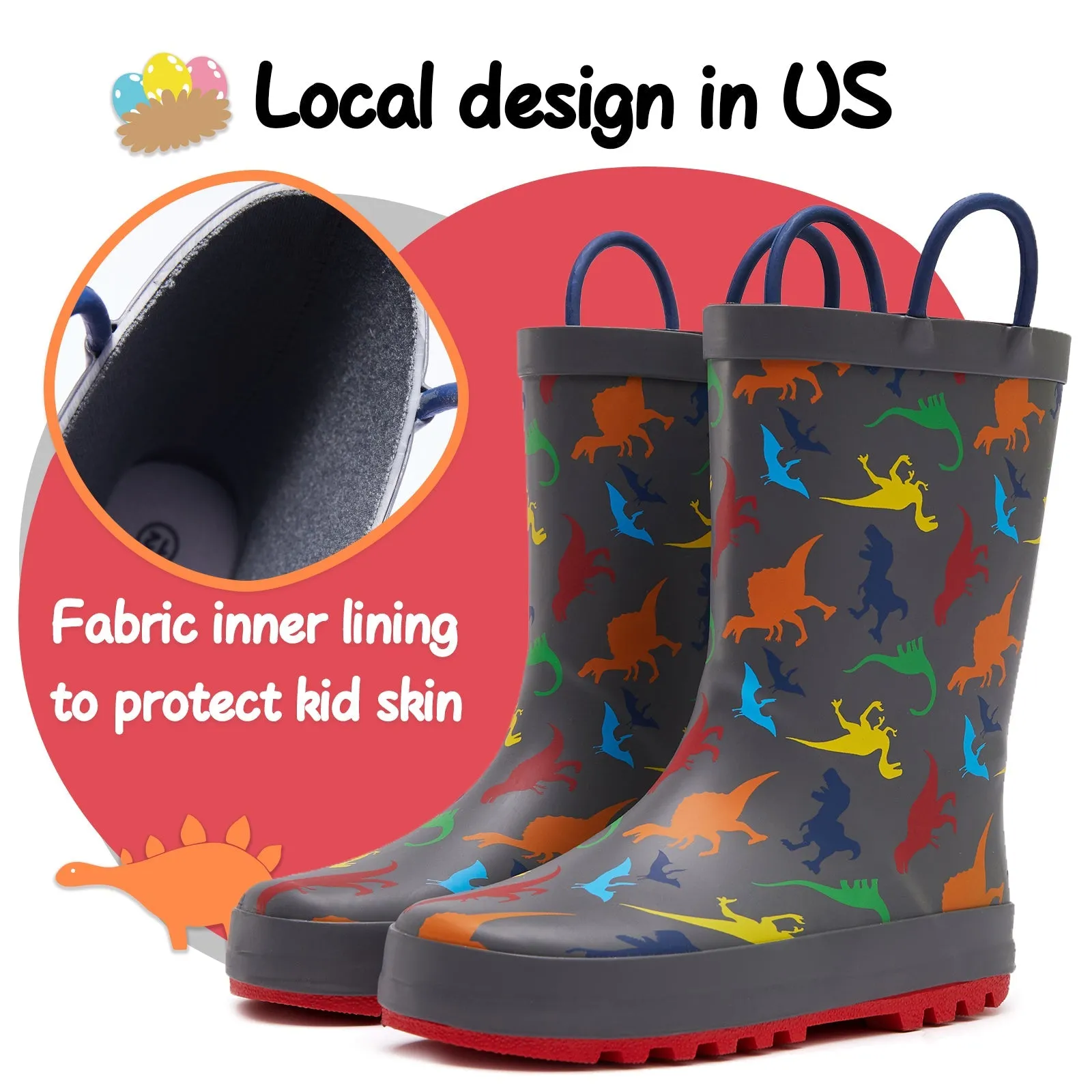Colorful Dinosaur Print Kids Rain Boots- Gray