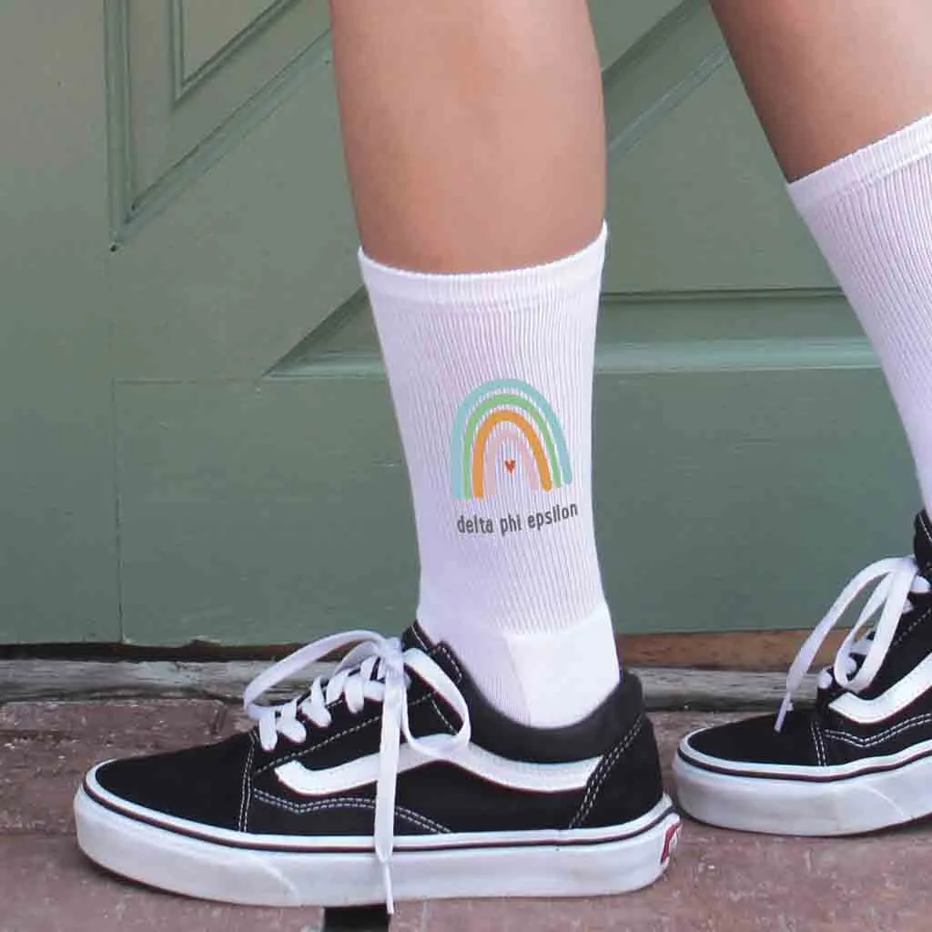 Delta Phi Epsilon Sorority Crew Socks with Rainbow Design