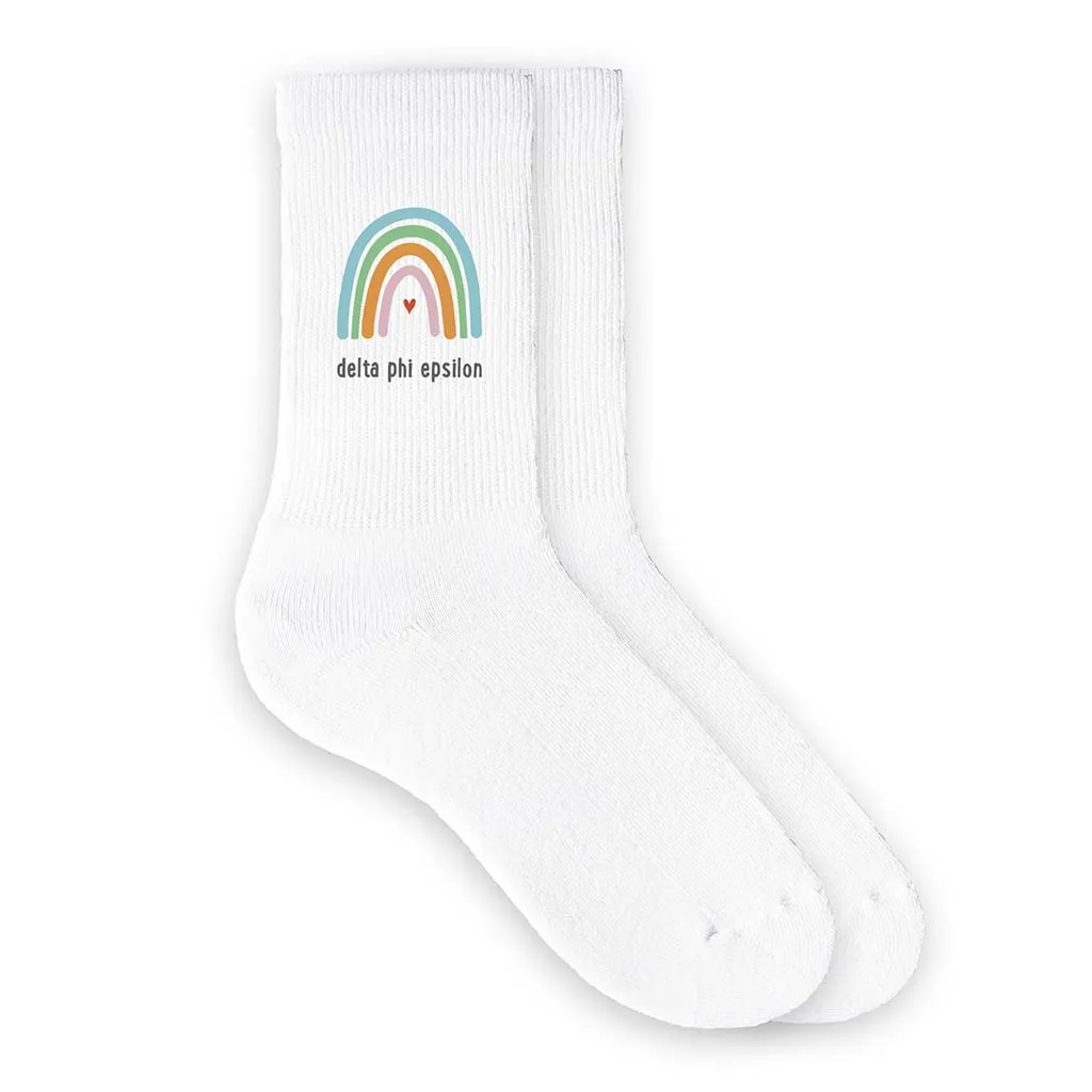 Delta Phi Epsilon Sorority Crew Socks with Rainbow Design