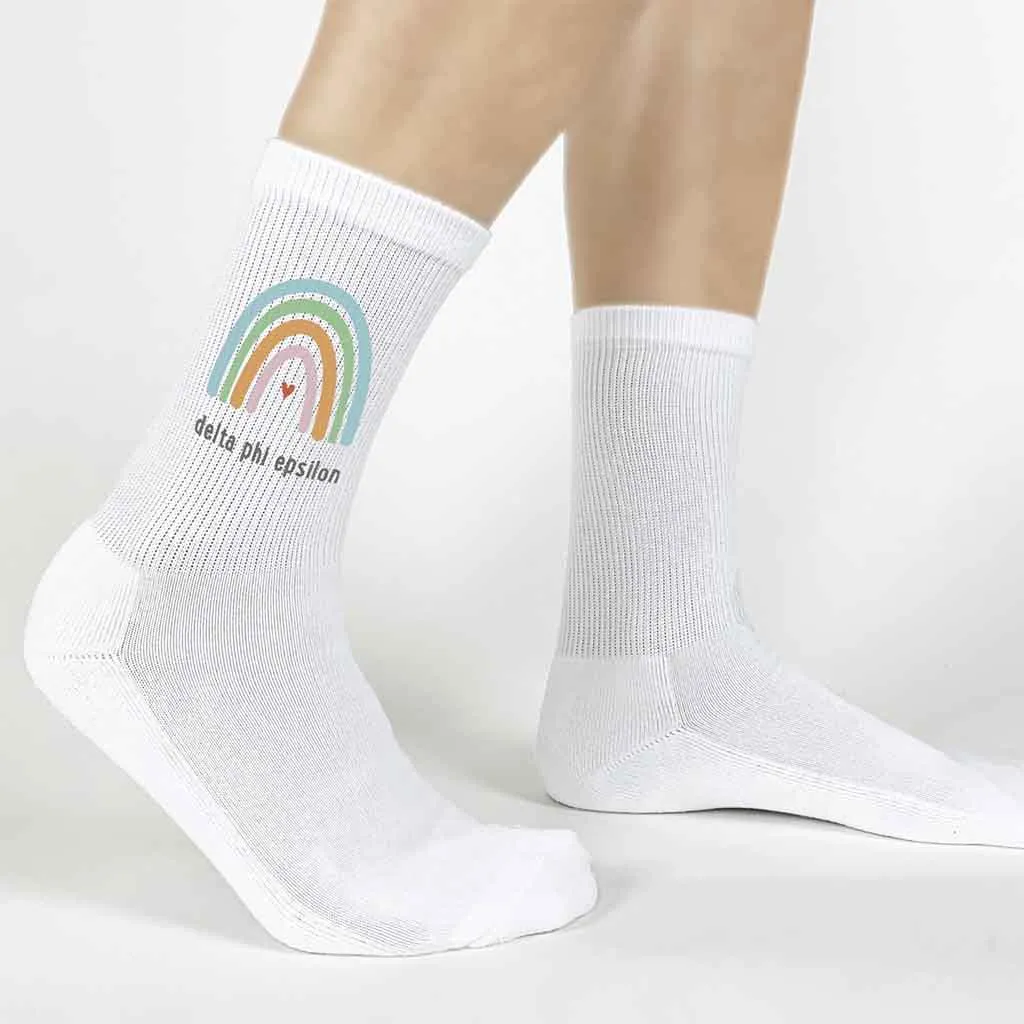 Delta Phi Epsilon Sorority Crew Socks with Rainbow Design