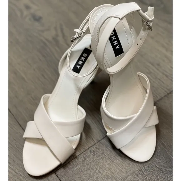 DKNY Ivy White Leather Open Toe Ankle Strap Sandal