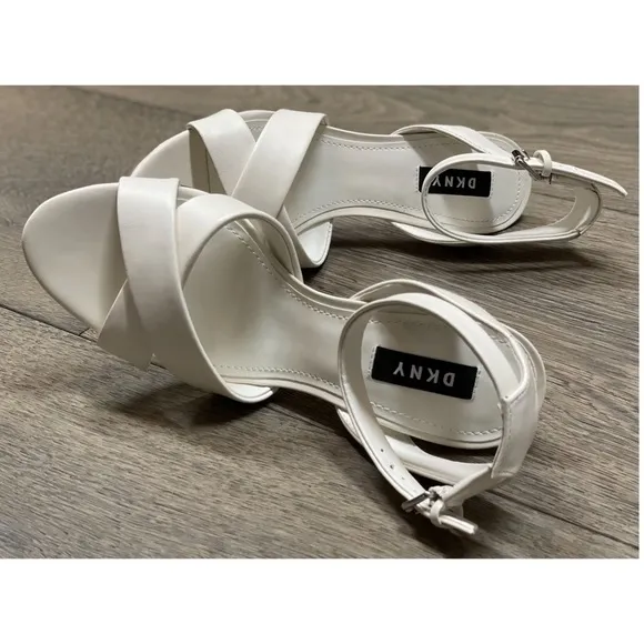 DKNY Ivy White Leather Open Toe Ankle Strap Sandal