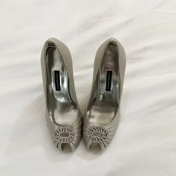 Dyeables Women's Silver Satin Peep Toe Heels with Diamante Brooch