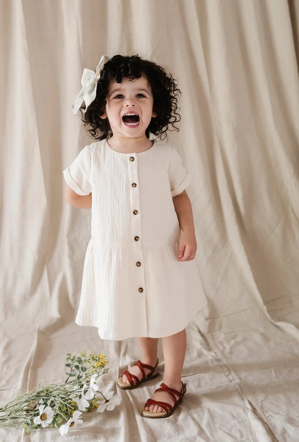 Gauze Button Dress in Cream