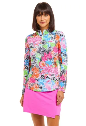 Ibkul Icifil Long Sleeve Sun Shirt:  Zip Mock -Bamboo Gardens Multi