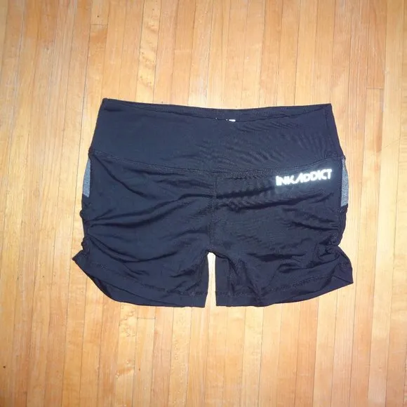 INK ADDICT black &amp; GREY Active booty shorts roller derby S RARE tattoo model