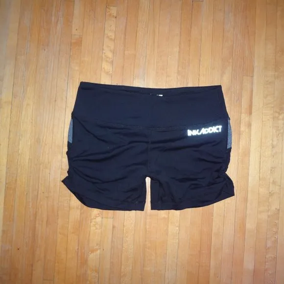 INK ADDICT black &amp; GREY Active booty shorts roller derby S RARE tattoo model