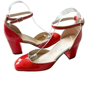 J Crew Maisie ankle-strap block heel orange red patent leather size 7 rockabilly
