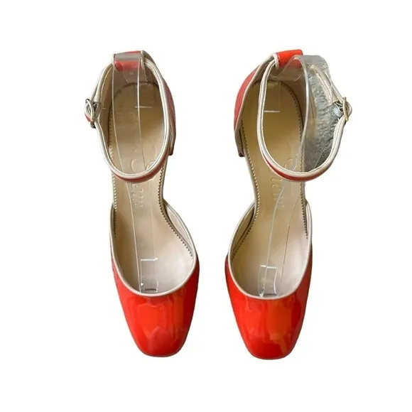 J Crew Maisie ankle-strap block heel orange red patent leather size 7 rockabilly