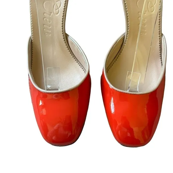 J Crew Maisie ankle-strap block heel orange red patent leather size 7 rockabilly