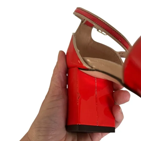 J Crew Maisie ankle-strap block heel orange red patent leather size 7 rockabilly