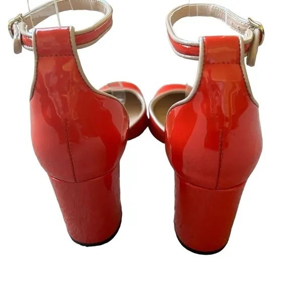 J Crew Maisie ankle-strap block heel orange red patent leather size 7 rockabilly