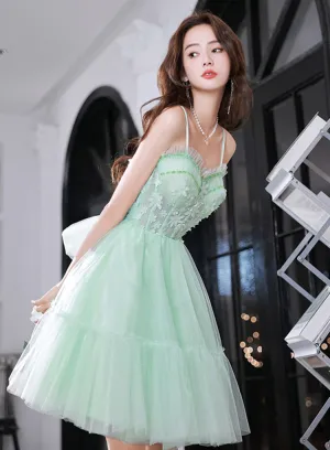 Light Green Sweetheart Tulle Beaded Straps Homecoming Dress, Green Prom Dress