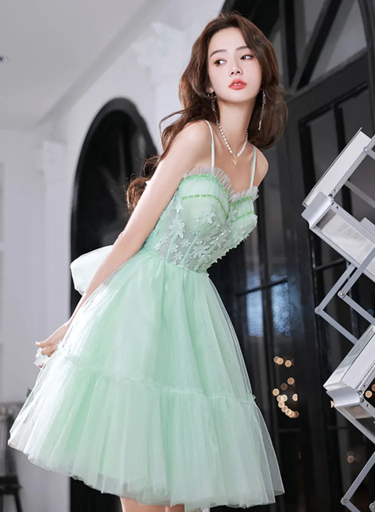 Light Green Sweetheart Tulle Beaded Straps Homecoming Dress, Green Prom Dress