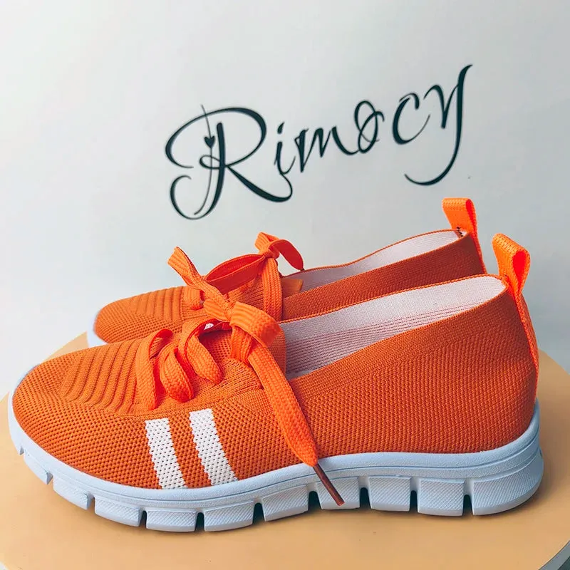 Mesh Knitted Striped Flats Shoes Women Lace Up Casual Sneakers Woman Breathable Soft Sole Loafers