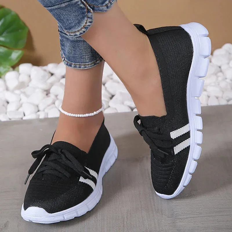 Mesh Knitted Striped Flats Shoes Women Lace Up Casual Sneakers Woman Breathable Soft Sole Loafers