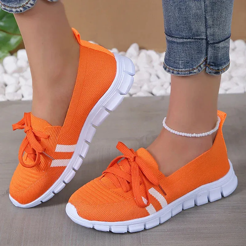 Mesh Knitted Striped Flats Shoes Women Lace Up Casual Sneakers Woman Breathable Soft Sole Loafers