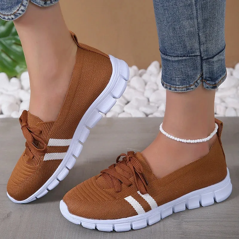 Mesh Knitted Striped Flats Shoes Women Lace Up Casual Sneakers Woman Breathable Soft Sole Loafers