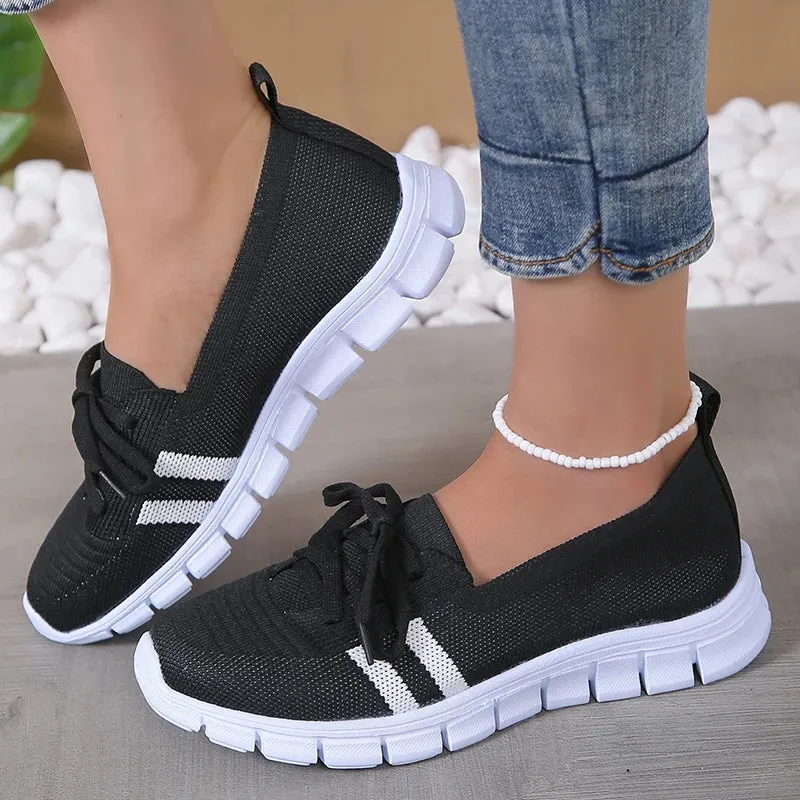 Mesh Knitted Striped Flats Shoes Women Lace Up Casual Sneakers Woman Breathable Soft Sole Loafers