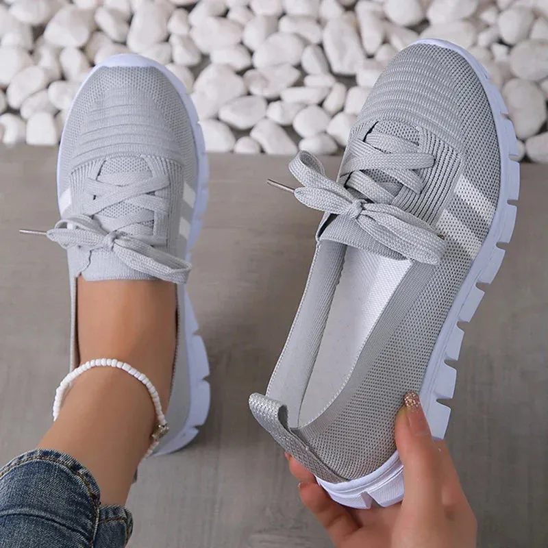 Mesh Knitted Striped Flats Shoes Women Lace Up Casual Sneakers Woman Breathable Soft Sole Loafers