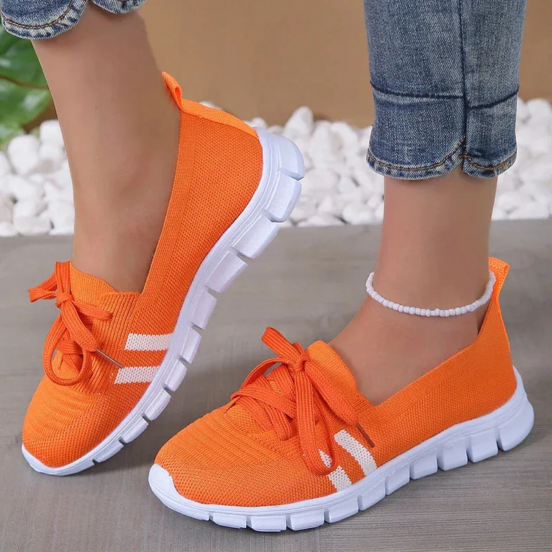 Mesh Knitted Striped Flats Shoes Women Lace Up Casual Sneakers Woman Breathable Soft Sole Loafers