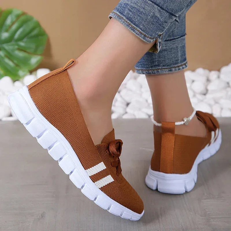 Mesh Knitted Striped Flats Shoes Women Lace Up Casual Sneakers Woman Breathable Soft Sole Loafers