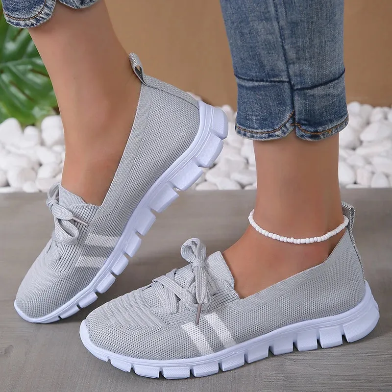 Mesh Knitted Striped Flats Shoes Women Lace Up Casual Sneakers Woman Breathable Soft Sole Loafers