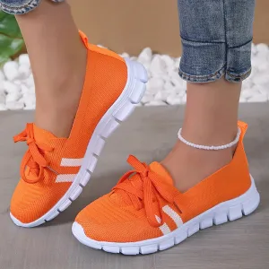 Mesh Knitted Striped Flats Shoes Women Lace Up Casual Sneakers Woman Breathable Soft Sole Loafers