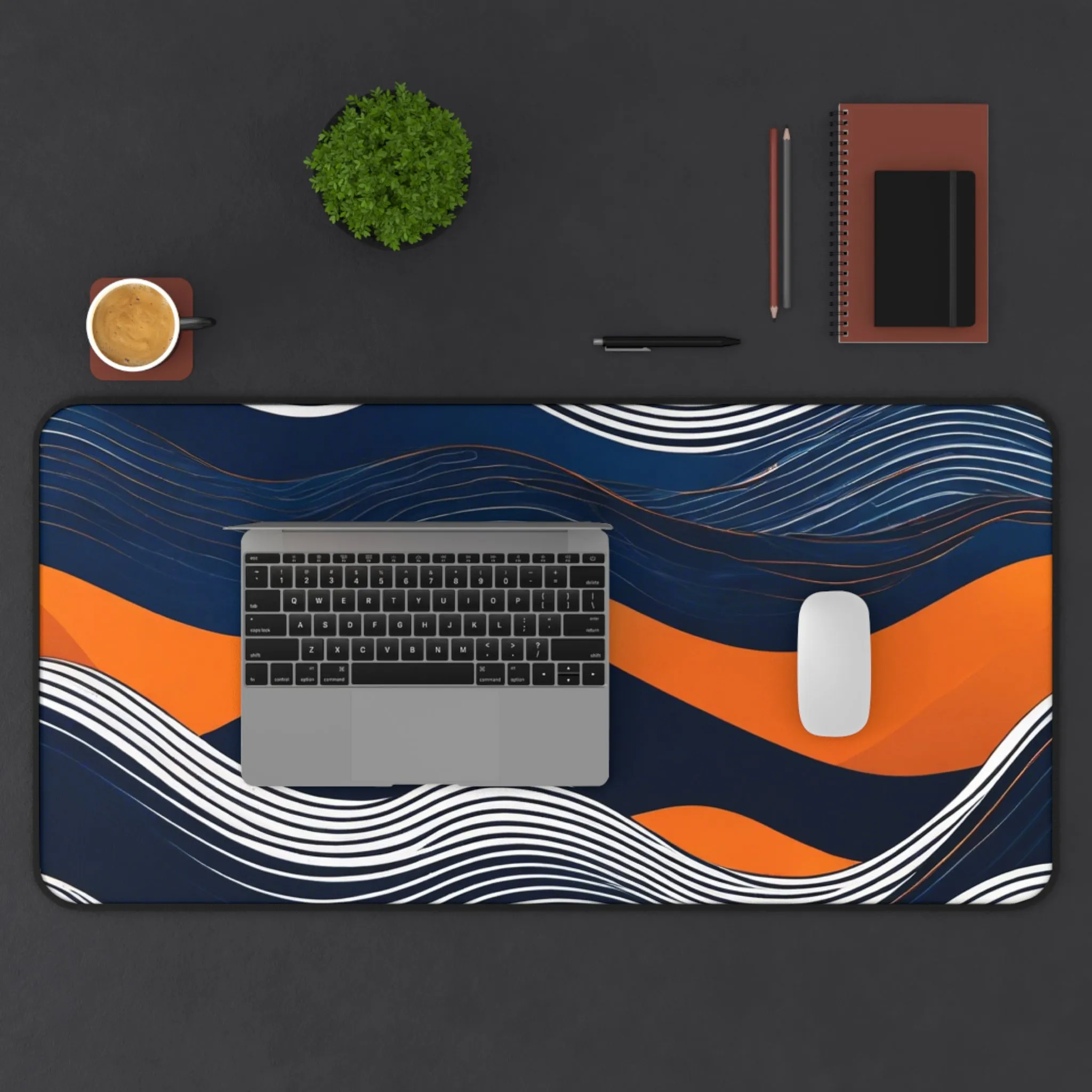 Navy Orange Ocean Wave Desk Mat