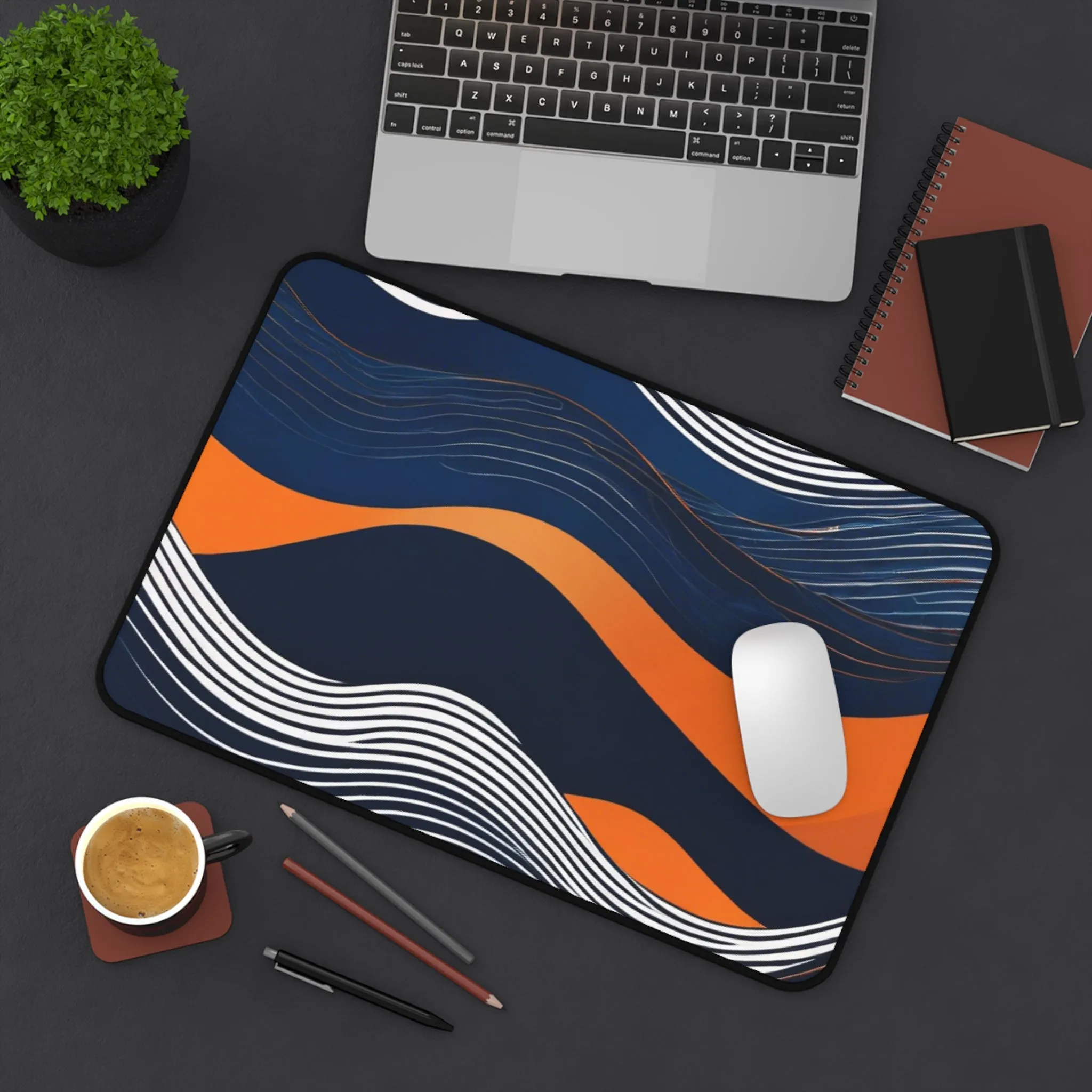 Navy Orange Ocean Wave Desk Mat