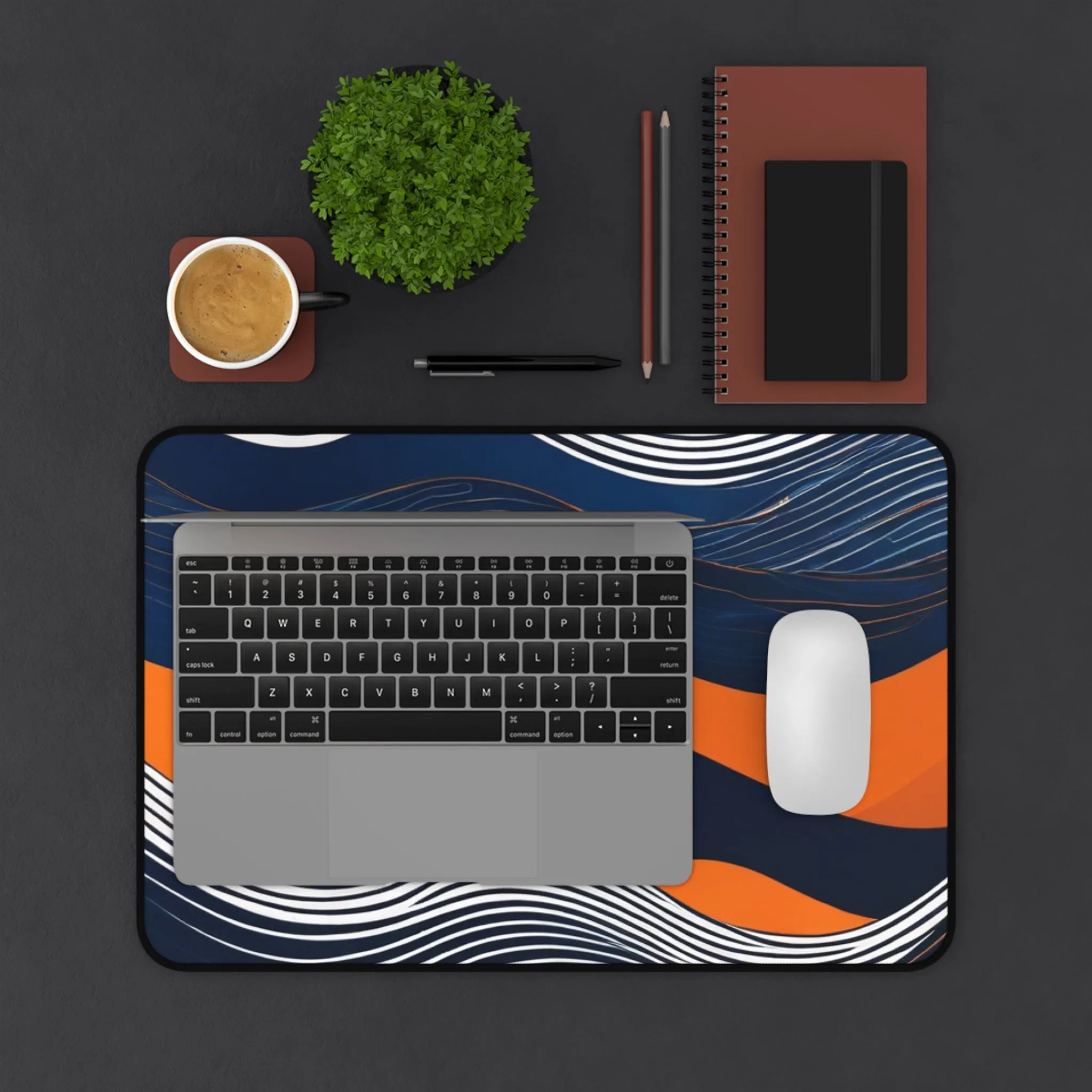 Navy Orange Ocean Wave Desk Mat