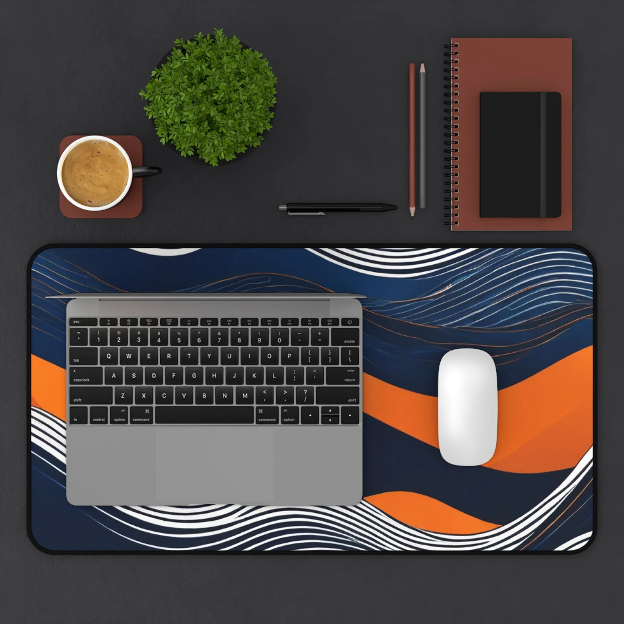 Navy Orange Ocean Wave Desk Mat