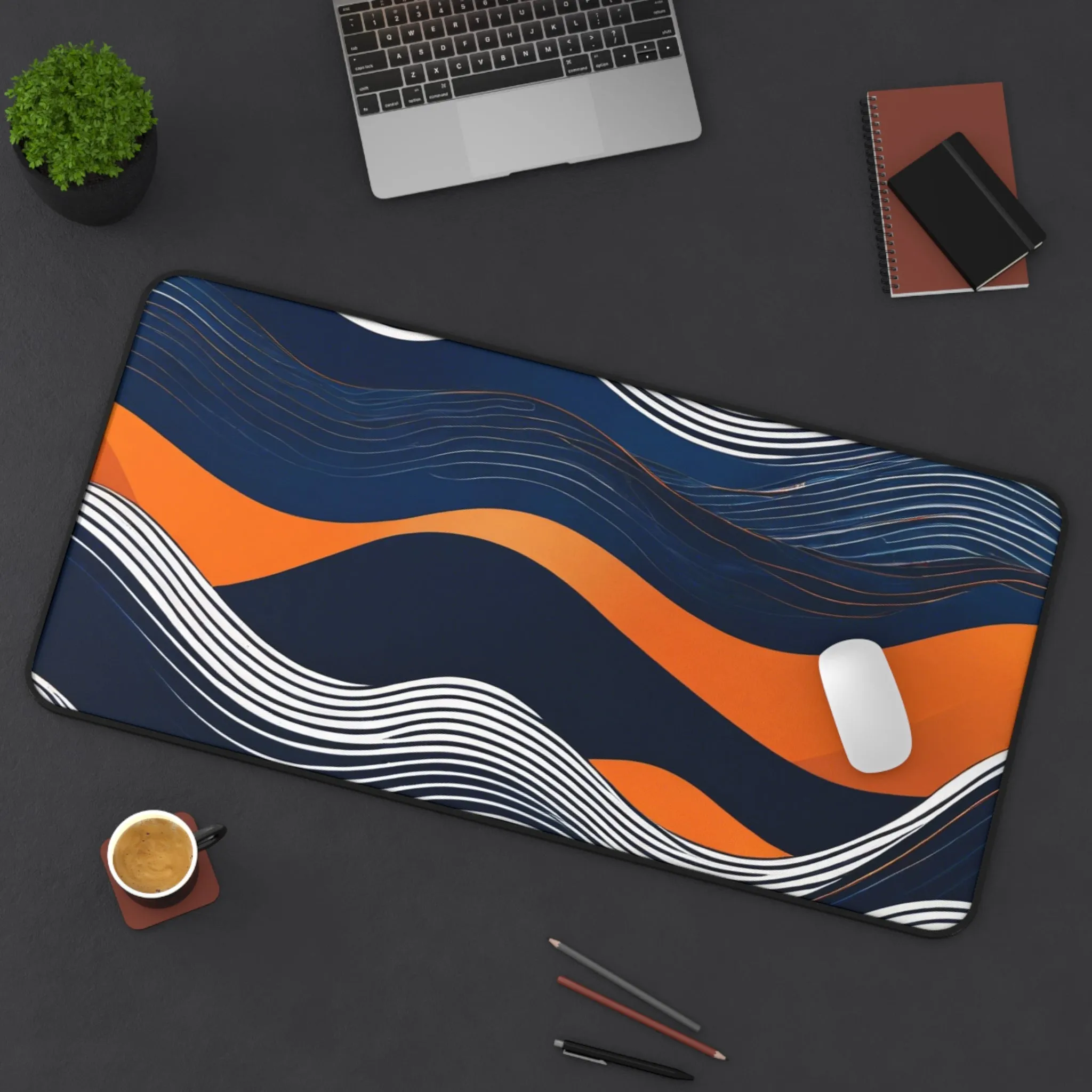 Navy Orange Ocean Wave Desk Mat