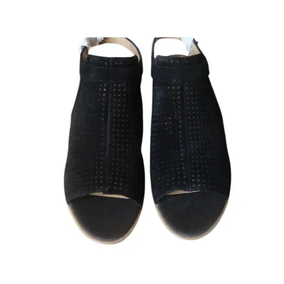 New Franco Sarto Perforated Black Suede 3” Block Heel Sandal Ankle Strap Sz. 10
